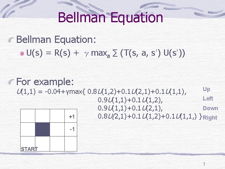 Bellman Equation: U(s) = R(s) + γmaxa ∑ (T(s, a, s’) U(s’)) For example: