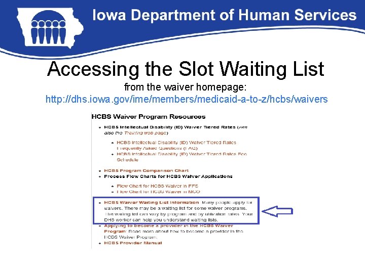 Accessing the Slot Waiting List from the waiver homepage: http: //dhs. iowa. gov/ime/members/medicaid-a-to-z/hcbs/waivers 