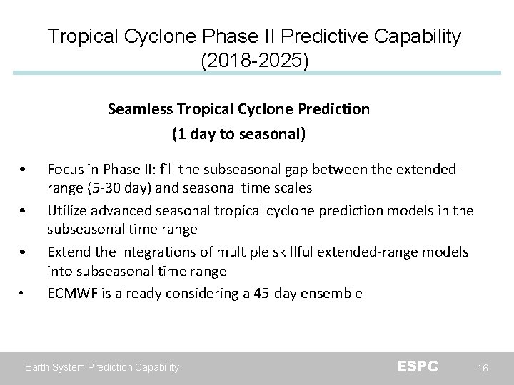 Tropical Cyclone Phase II Predictive Capability (2018 -2025) Seamless Tropical Cyclone Prediction (1 day