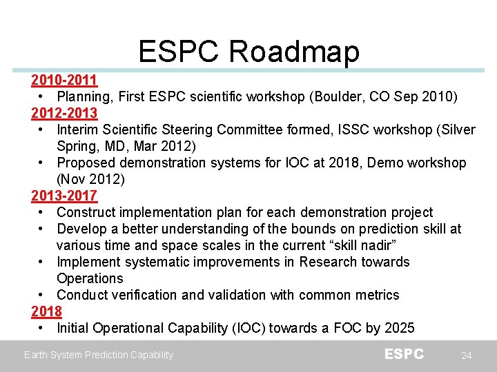 ESPC Roadmap 2010 -2011 • Planning, First ESPC scientific workshop (Boulder, CO Sep 2010)