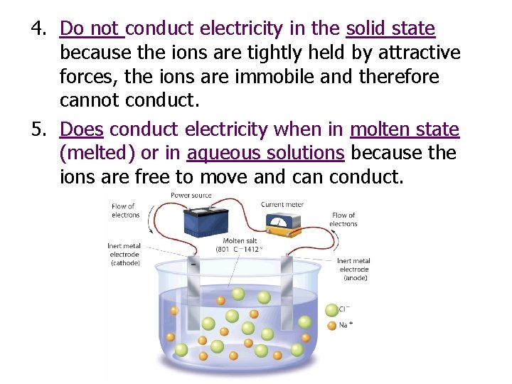 4. Do not conduct electricity in the solid state because the ions are tightly