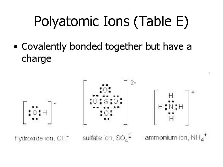 Polyatomic Ions (Table E) • Covalently bonded together but have a charge 