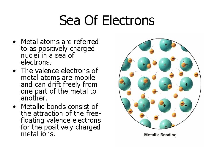 Sea Of Electrons • Metal atoms are referred to as positively charged nuclei in