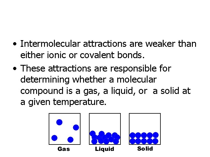  • Intermolecular attractions are weaker than either ionic or covalent bonds. • These
