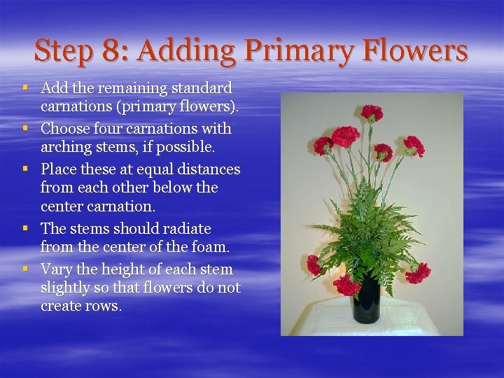 Step 8: Adding Primary Flowers § Add the remaining standard carnations (primary flowers). §