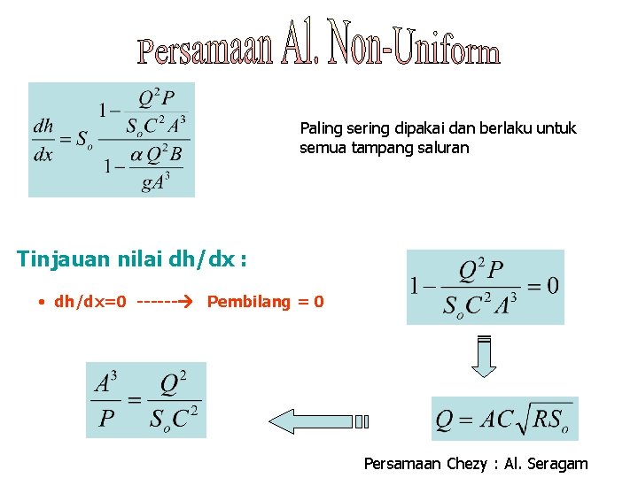 Paling sering dipakai dan berlaku untuk semua tampang saluran Tinjauan nilai dh/dx : •