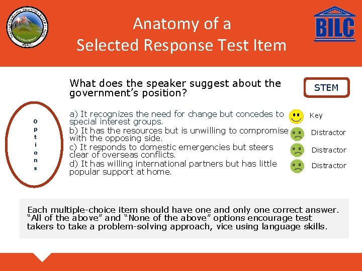 Anatomy of a Selected Response Test Item What does the speaker suggest about the