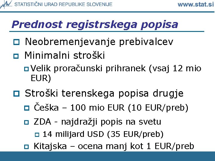 Prednost registrskega popisa p Neobremenjevanje prebivalcev p Minimalni stroški p Velik EUR) proračunski prihranek