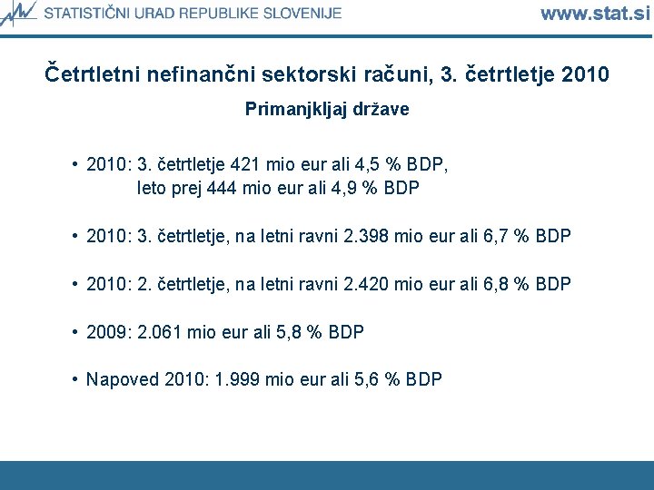 Četrtletni nefinančni sektorski računi, 3. četrtletje 2010 Primanjkljaj države • 2010: 3. četrtletje 421