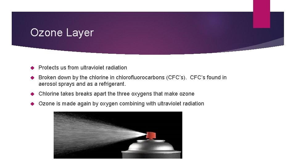 Ozone Layer Protects us from ultraviolet radiation Broken down by the chlorine in chlorofluorocarbons