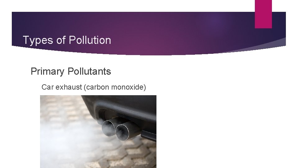 Types of Pollution Primary Pollutants Car exhaust (carbon monoxide) 
