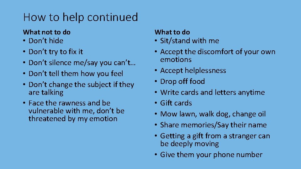 How to help continued What not to do Don’t hide Don’t try to fix