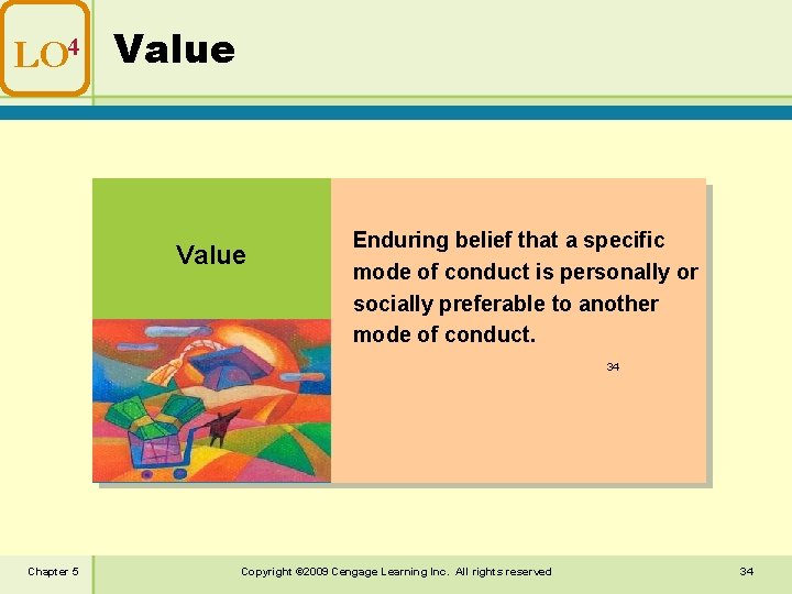LO 4 Value Enduring belief that a specific mode of conduct is personally or