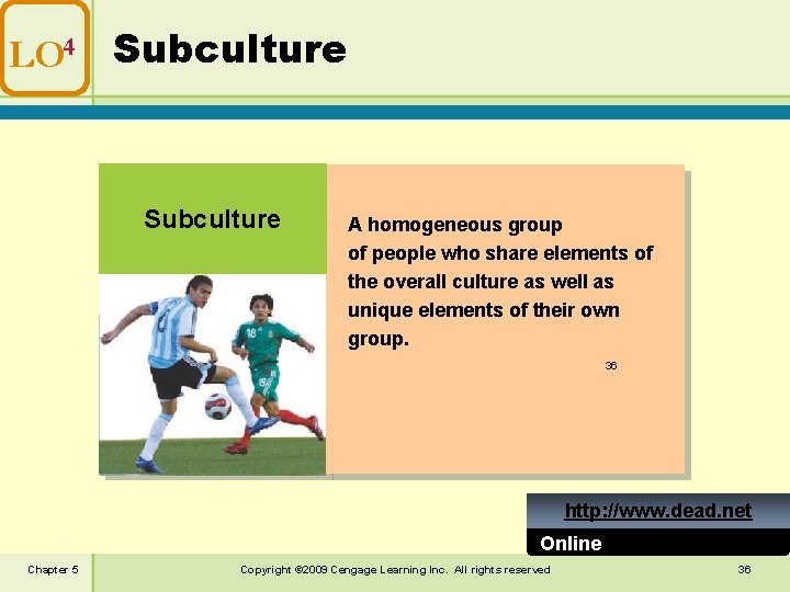 LO 4 Subculture A homogeneous group of people who share elements of the overall