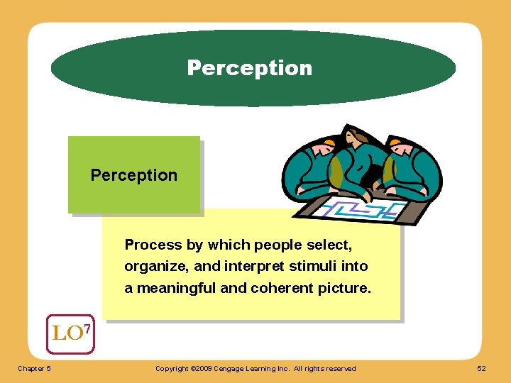 Perception Process by which people select, organize, and interpret stimuli into a meaningful and