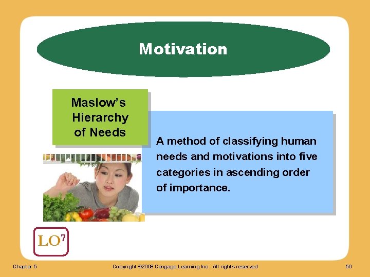 Motivation Maslow’s Hierarchy of Needs A method of classifying human needs and motivations into