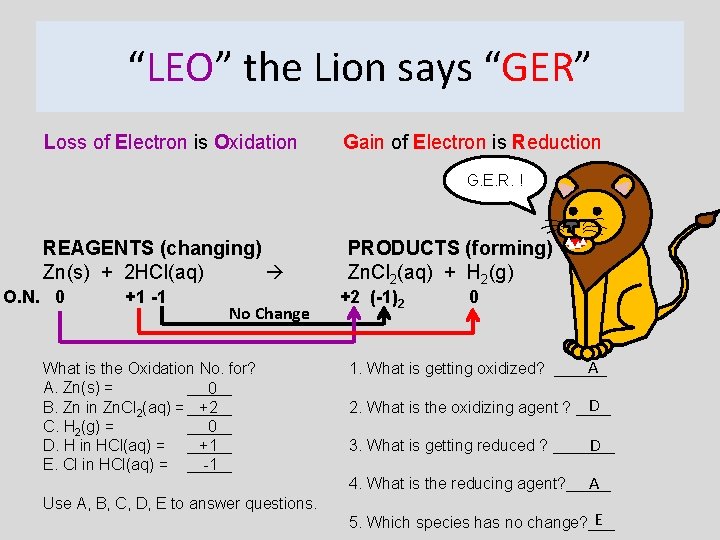 “LEO” the Lion says “GER” Loss of Electron is Oxidation Gain of Electron is