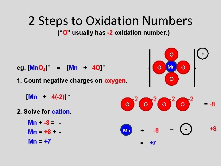 2 Steps to Oxidation Numbers (“O” usually has -2 oxidation number. ) - O