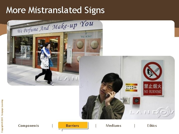 Copyright © 2013 Cengage Learning More Mistranslated Signs Components | Barriers | Mediums |