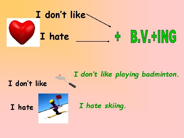 I don’t like I hate I don’t like playing badminton. I hate skiing. 