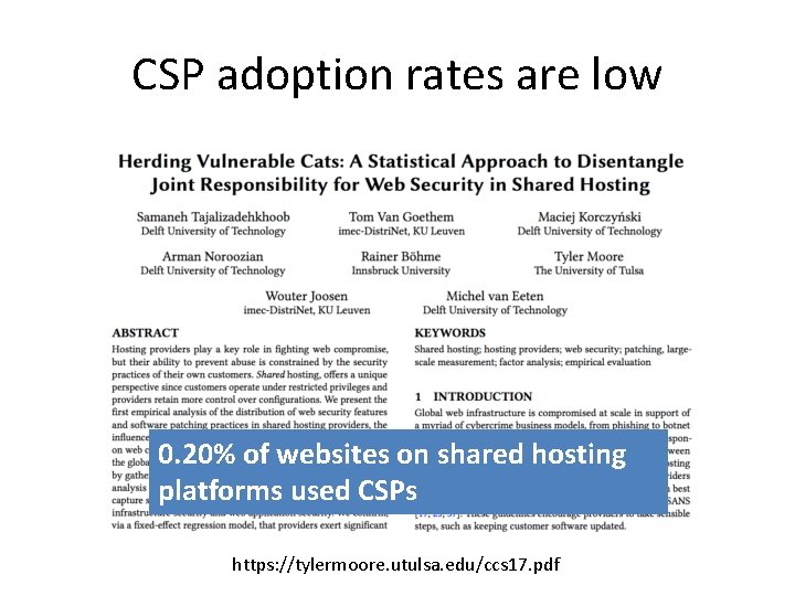 CSP adoption rates are low 0. 20% of websites on shared hosting platforms used