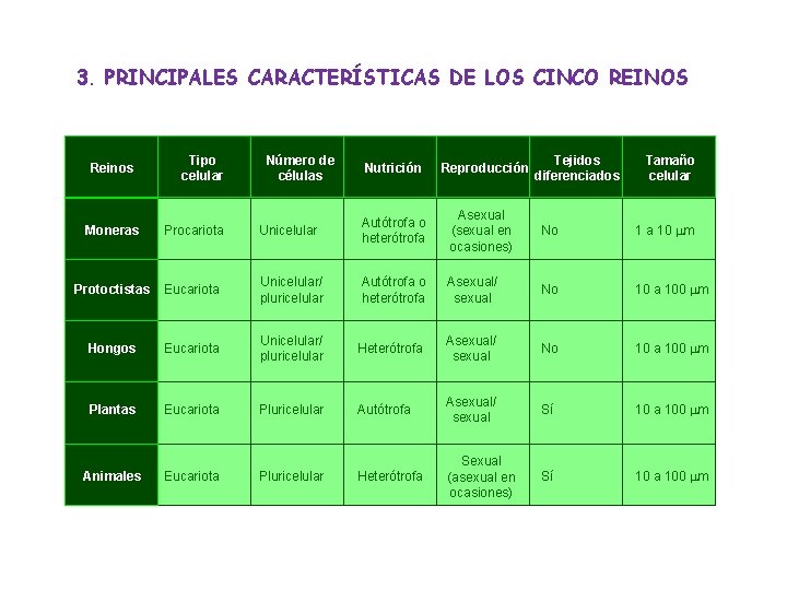 3. PRINCIPALES CARACTERÍSTICAS DE LOS CINCO REINOS Reinos Tipo celular Número de células Nutrición