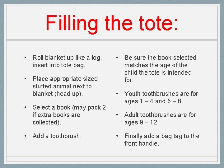 Filling the tote: • Roll blanket up like a log, insert into tote bag.