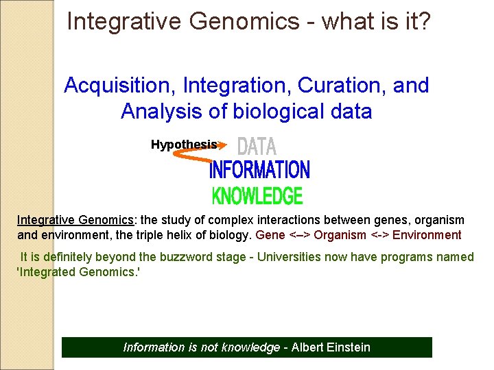 Integrative Genomics - what is it? Acquisition, Integration, Curation, and Analysis of biological data