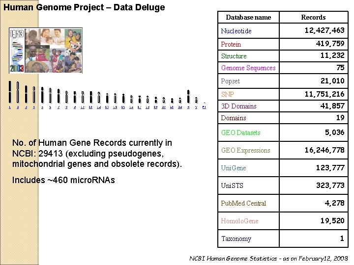 Human Genome Project – Data Deluge Database name Nucleotide Protein Structure Genome Sequences Popset