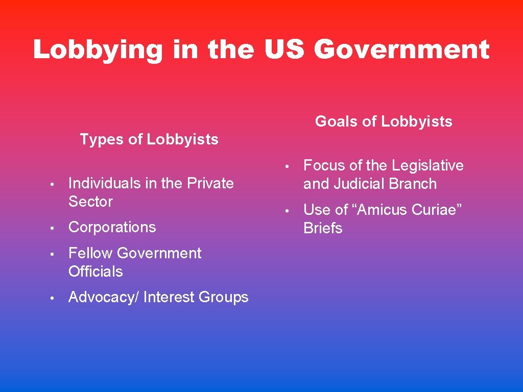 Lobbying in the US Government Goals of Lobbyists Types of Lobbyists • Individuals in