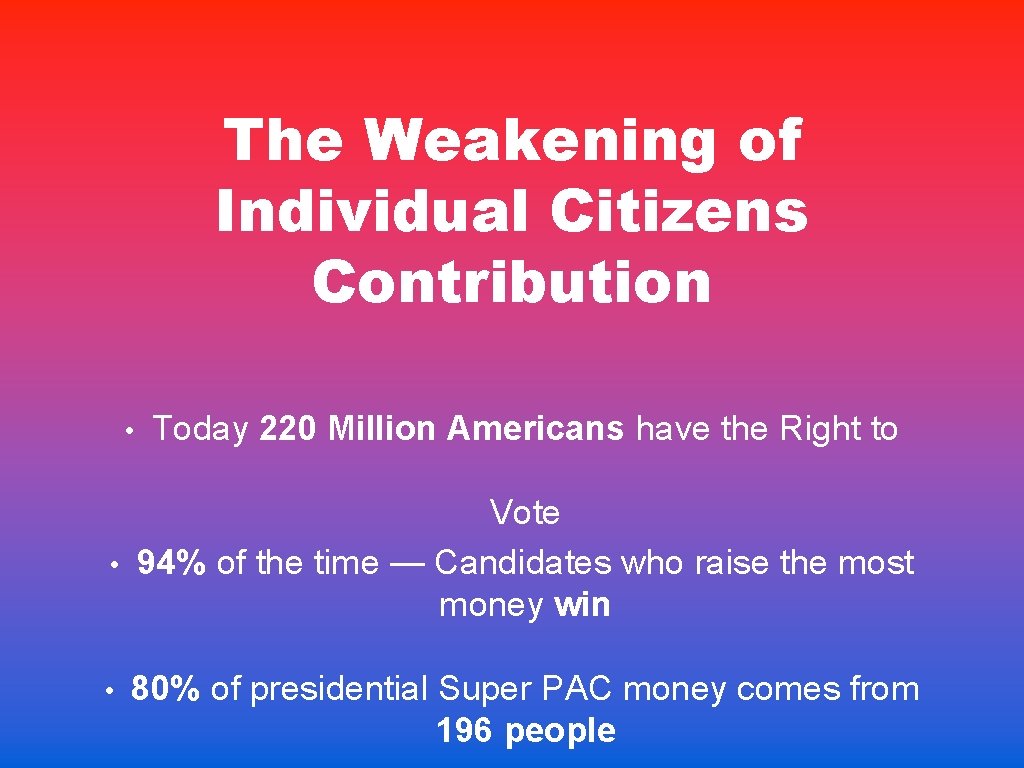 The Weakening of Individual Citizens Contribution • • • Today 220 Million Americans have