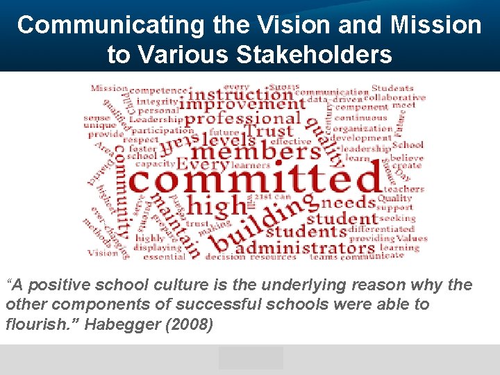 Communicating the Vision and Mission to Various Stakeholders “A positive school culture is the
