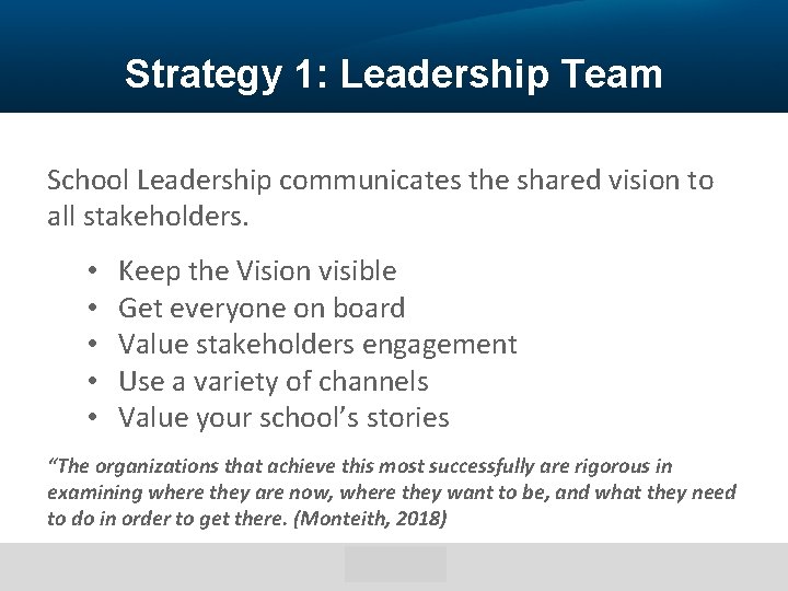 Strategy 1: Leadership Team School Leadership communicates the shared vision to all stakeholders. •