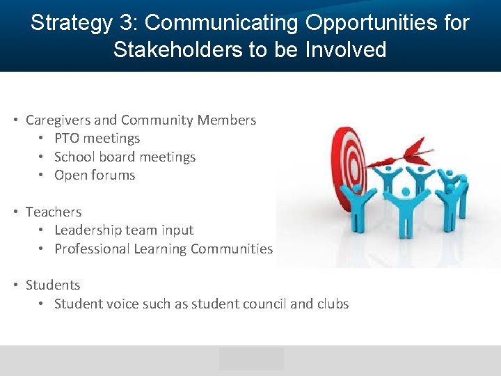 Strategy 3: Communicating Opportunities for Stakeholders to be Involved • Caregivers and Community Members