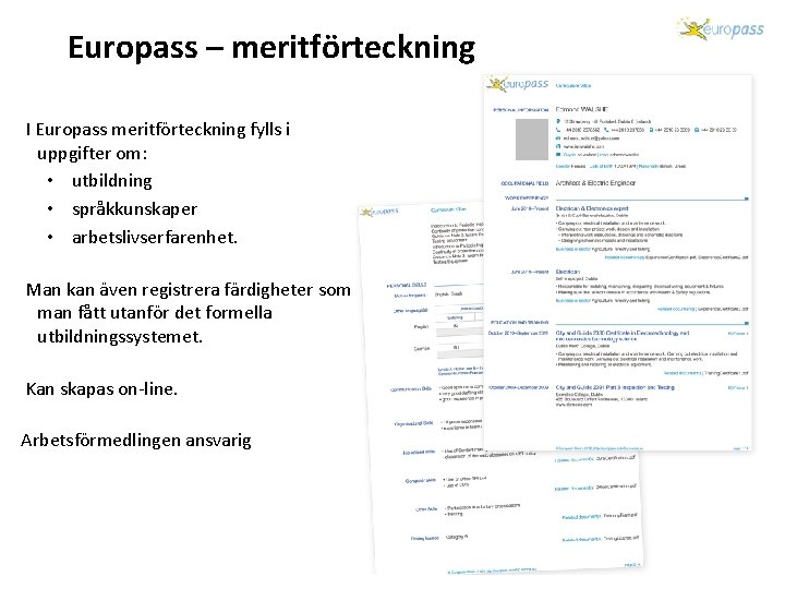 Europass – meritförteckning I Europass meritförteckning fylls i uppgifter om: • utbildning • språkkunskaper