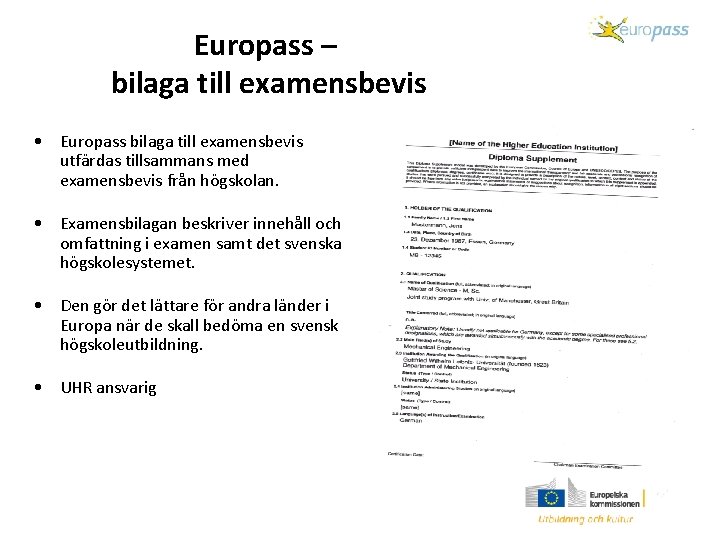 Europass – bilaga till examensbevis • Europass bilaga till examensbevis utfärdas tillsammans med examensbevis