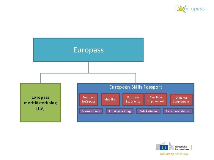 Europass European Skills Passport Europass meritförteckning (CV) Europass Språkpass Examensbevis Mobilitet Europass Experience Arbetsgivarintyg