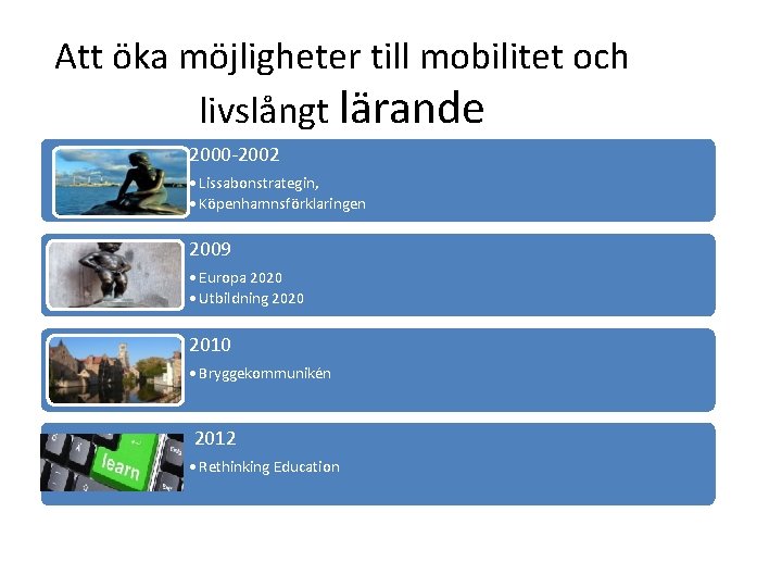 Att öka möjligheter till mobilitet och livslångt lärande 2000 -2002 • Lissabonstrategin, • Köpenhamnsförklaringen