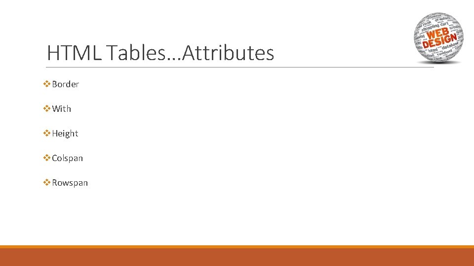 HTML Tables…Attributes v. Border v. With v. Height v. Colspan v. Rowspan 
