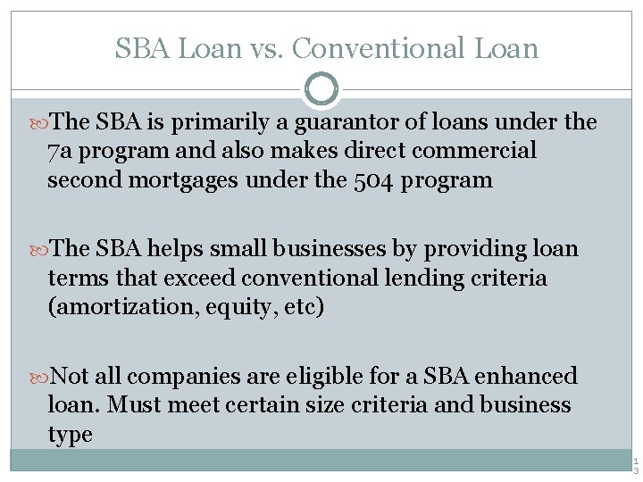 SBA Loan vs. Conventional Loan The SBA is primarily a guarantor of loans under