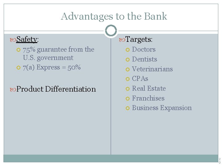 Advantages to the Bank Safety: 75% guarantee from the U. S. government 7(a) Express