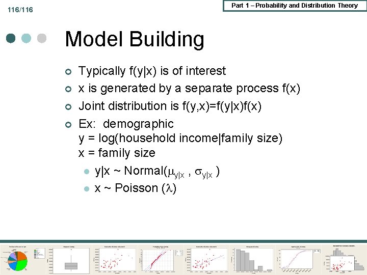 Part 1 – Probability and Distribution Theory 116/116 Model Building ¢ ¢ Typically f(y|x) Part 1 – Probability and Distribution Theory 116/116 Model Building ¢ ¢ Typically f(y|x)