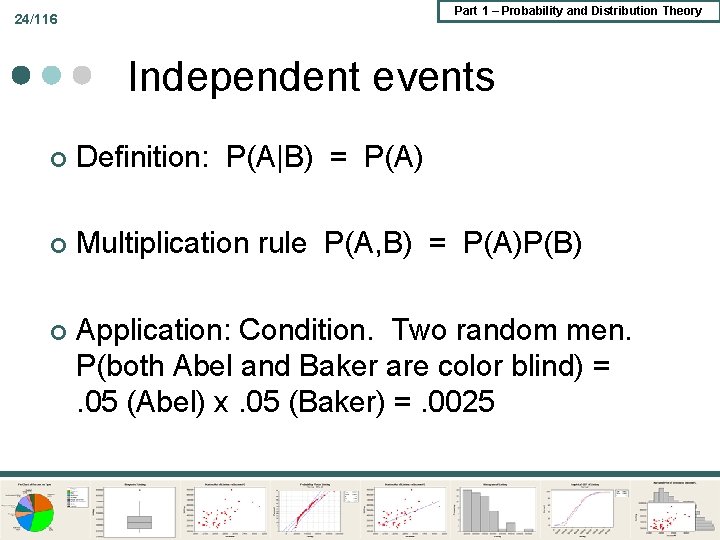 Part 1 – Probability and Distribution Theory 24/116 Independent events ¢ Definition: P(A|B) = Part 1 – Probability and Distribution Theory 24/116 Independent events ¢ Definition: P(A|B) =