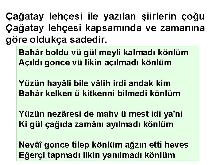 Çağatay lehçesi ile yazılan şiirlerin çoğu Çağatay lehçesi kapsamında ve zamanına göre oldukça sadedir.