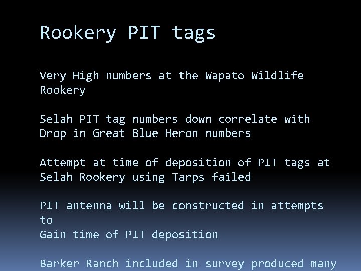 Rookery PIT tags Very High numbers at the Wapato Wildlife Rookery Selah PIT tag