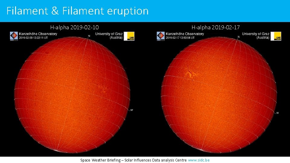 Filament & Filament eruption H-alpha 2019 -02 -10 H-alpha 2019 -02 -17 Space Weather