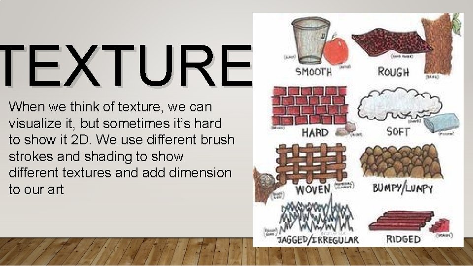 TEXTURE When we think of texture, we can visualize it, but sometimes it’s hard