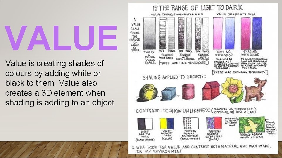 VALUE Value is creating shades of colours by adding white or black to them.