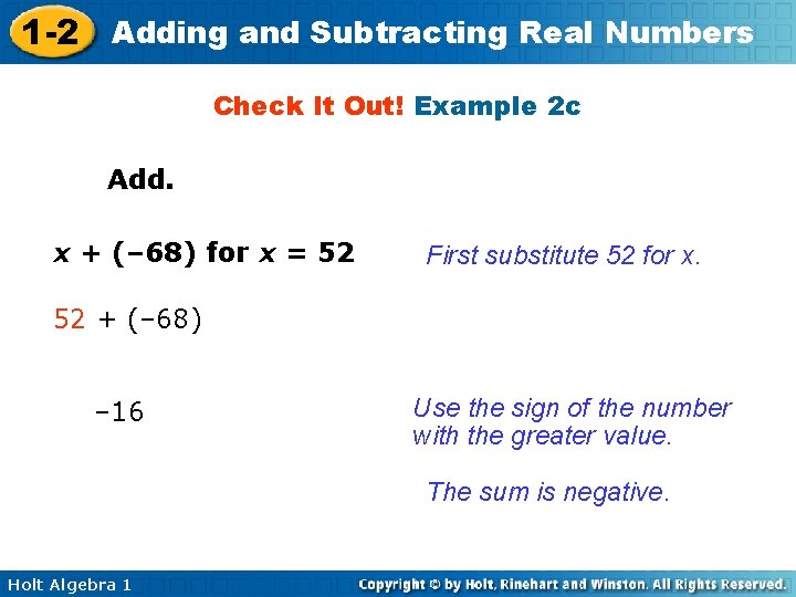 1 -2 Adding and Subtracting Real Numbers Check It Out! Example 2 c Add.