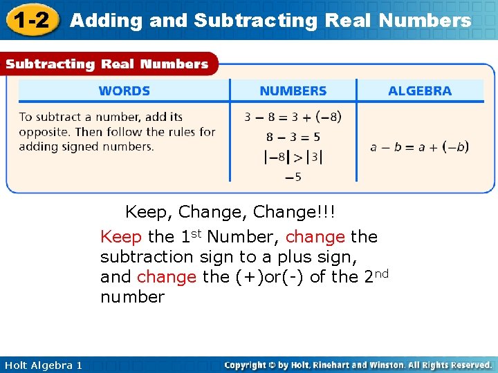 1 -2 Adding and Subtracting Real Numbers Keep, Change!!! Keep the 1 st Number,